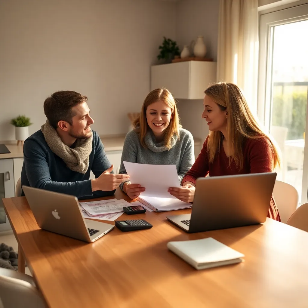 Nederlandse familie bespreekt financiële doelen aan keukentafel met laptop en documenten