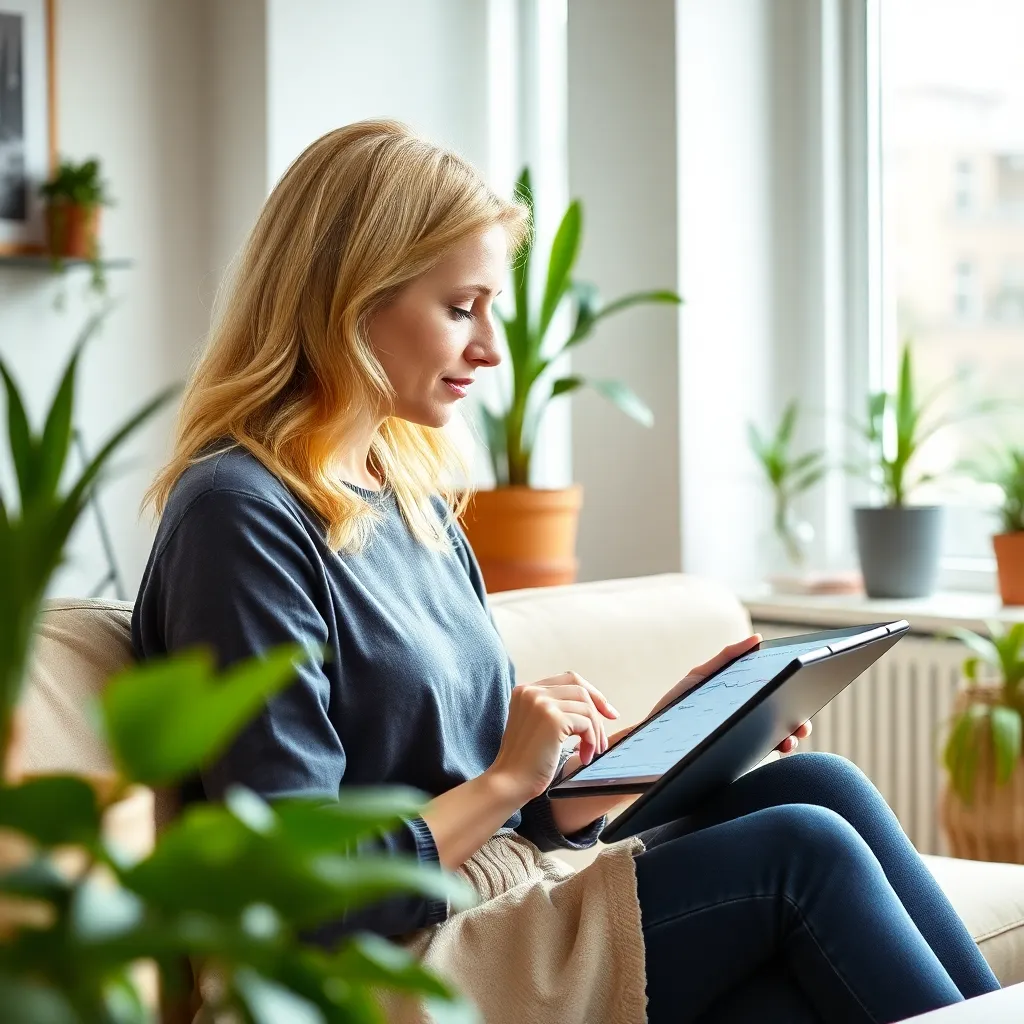 Nederlandse vrouw die haar uitgaven analyseert op tablet